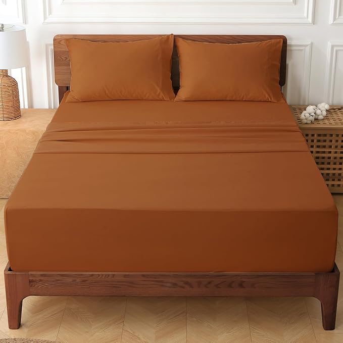 HYPREST Extra Deep Pocket King Size Sheets, Cotton Sheets for King Size Bed Burnt Oranges, Non Slip Deep Pockets Fits 18"-24"