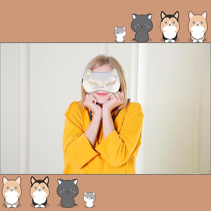 Cute Cat Sleep Mask for Kids (Grey&Black), 2 Pack Silk Sleeping Eye Cover Adjustable Mask Night Eyeshade Cover for Girls Boys Women Men Sleep Travel Party…