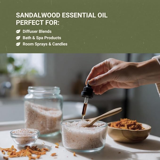 Sandalwood Essential Oil - Direct from Australian Oils of Nature - Steam Distilled - Aceite Esencial de Sándalo for Aromatherapy, Massage, Diffuser, DIY Candle and Soap Making - 8oz