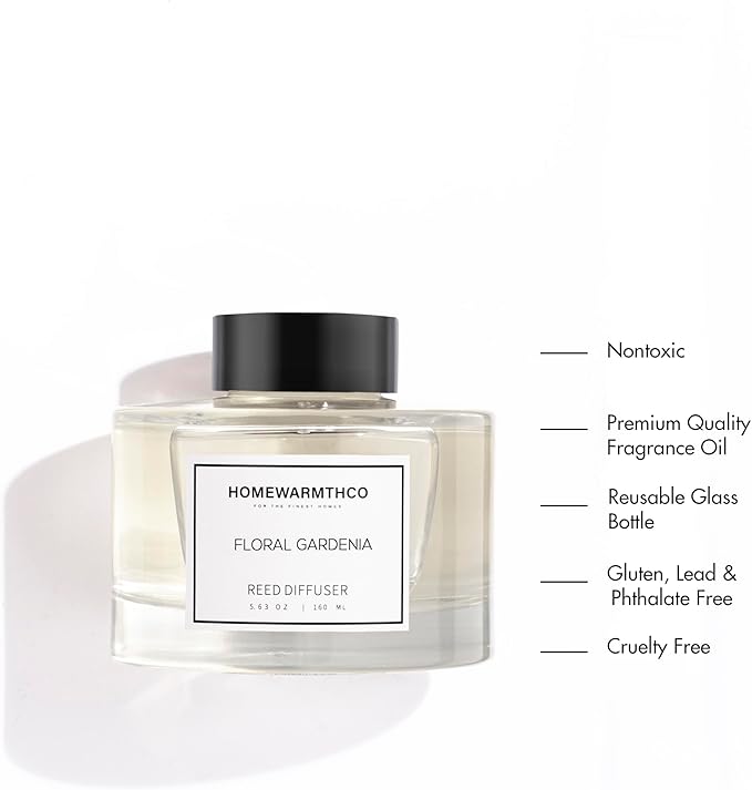 Gardenia Reed Diffuser Set - Luxury Fragrance Reed Diffusers for Home. Office, Bathroom, Kitchen and Home Decor - Long-Lasting Scent with Non-Toxic Oils (5.63 oz, 160ml)