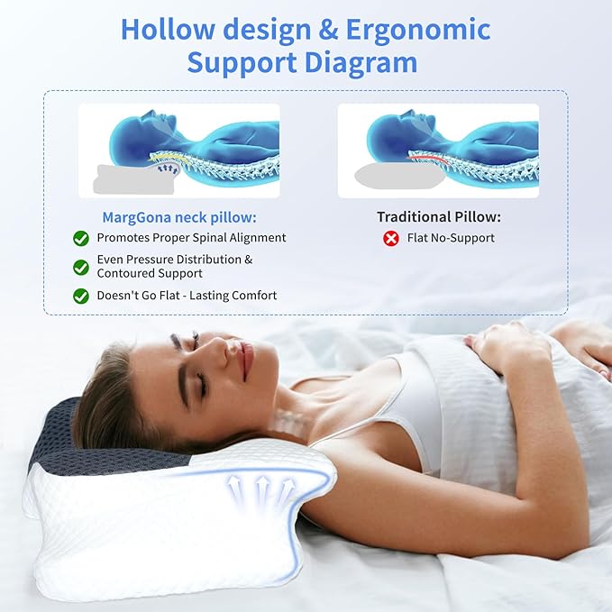 Cervical Pillow for Neck Pain Relief, Hollow Design Memory Foam Bed Pillow for Side & Back Sleepers, Ergonomic Contour Orthopedic Bed Pillow with Adjustable Support