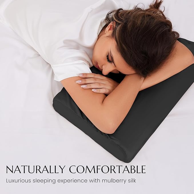 THXSILK 19 Momme 100% Mulberry Silk Pillowcase for Contour Memory Foam Pillow, Cervical Pillow Case Cover, Pack of 1(Black, 20"x12"x3.9"/2.7")