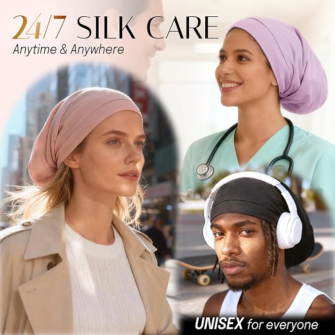 OLESILK Silk Bonnet for Long Hair, Long Hair Bonner for Sleeping Women&Men, Long Bonnets for Braids, Extra Large Bonnet Loc Cap Hair Cover Light Purple