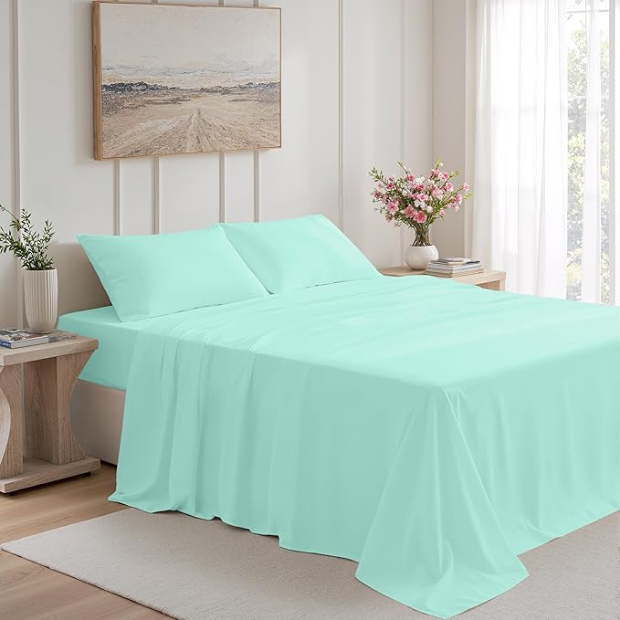 Queen Size 4 Piece Bed Sheet Set - Premium Breathable & Cooling Sheets - Ultra Imitation Cotton - Hotel Luxury Bed Sheets Deep Pocket up to 15"- Wrinkle, Fade, Stain Resistant (Spa Blue, Queen)