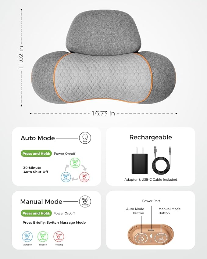 3-in-1 Neck Massager Pillow for Pain Relief Deep Tissue with Heat, Cordless & Rechargeable Massager with Traction for Neck Hump & Shoulder Comfort, Memory Foam Pillow for Home Office Travel