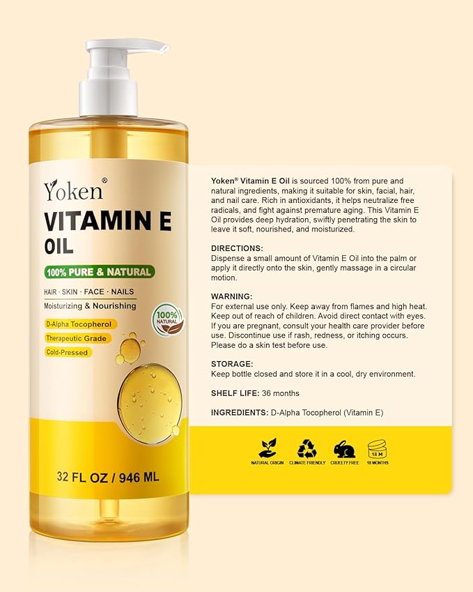 Yoken Vitamin E Oil 32 Fl Oz Vitamin E oil for Skin Bulk Vitamine oils for Face Perfect DIY Bath and Body Oil Cold Pressed Hexane Free Non-GMO Gluten Free Formula