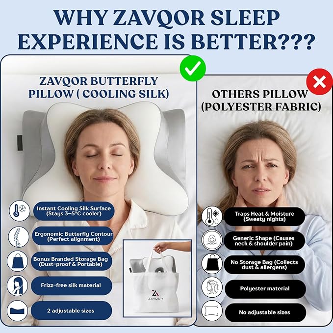 Ergonomic Cervical Neck Pillow for Neck Pain Relief, Side Sleeper Pillow, Orthopedic Pillow, Sleep Apnea Pillow, Cooling Cervical Neck Pillow, Butterfly Contour Pillow with Silk Cover & Travel Bag
