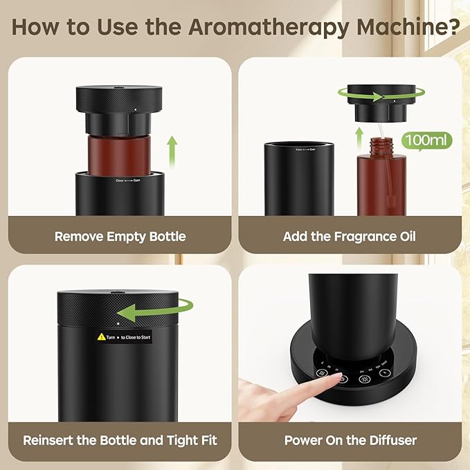 Waterless Scent Diffuser Kit with Lights -Max 2000 Sq Ft Coverage, Essential Oil Diffuser for Home,Hotels,Offices,Spas,Aromatherapy Diffuser Large Room, Included 106ml Scent Oils, Black, 10.6In