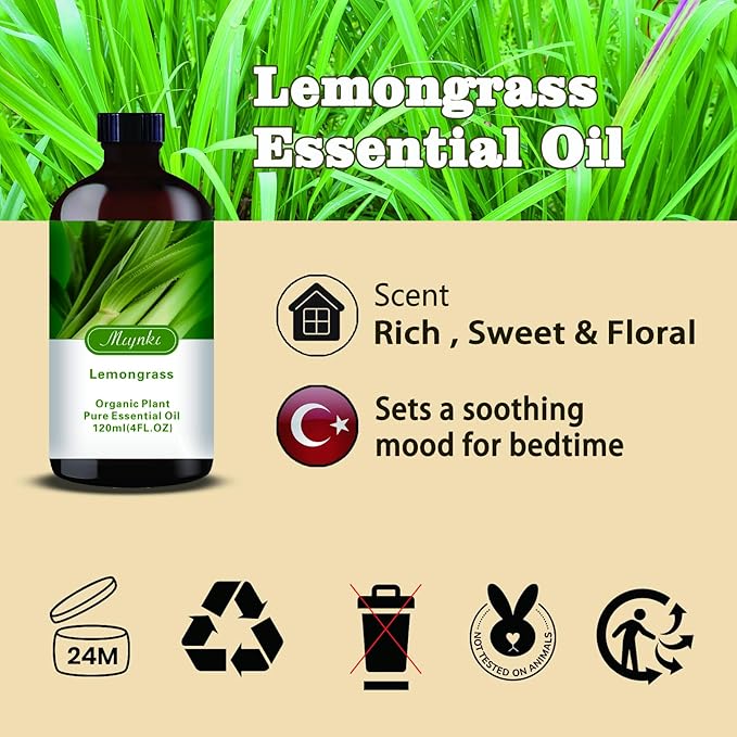 Lemongrass Essential Oil – MLYNKL Lemongrass Oils 4.33 fl oz for Diffusers, Humidifiers, Massage, DIY Candles, Soap, Cleaning, Home, Yoga, Office, Gifts - 130 ml