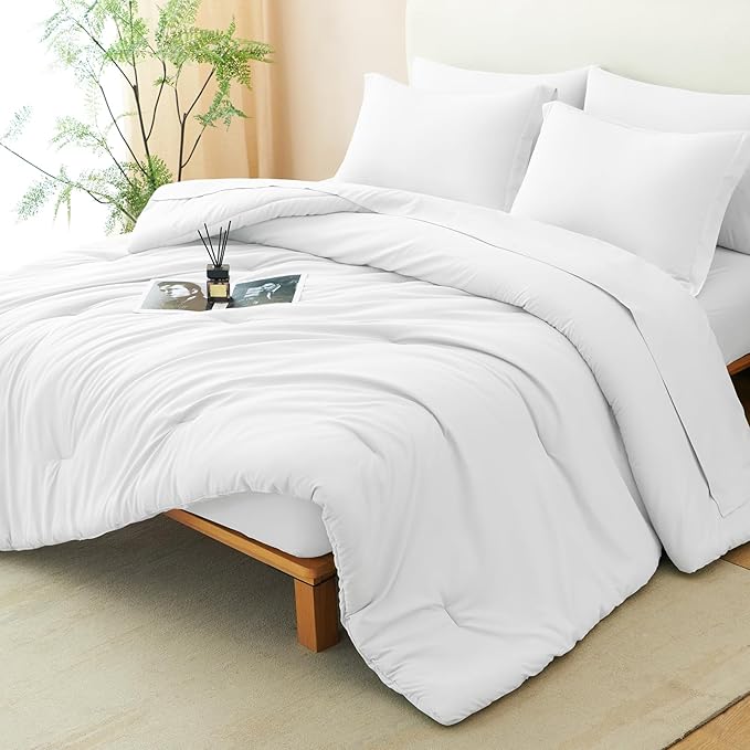 CozyLux Twin XL Comforter Set White, 5 Pieces Bed in a Bag Twin Extra Long Comforter Set with Sheets for College Dorm, Luxury Bedding Sets with Down Alternative Comforter, Sheets, Pillowcase & Sham