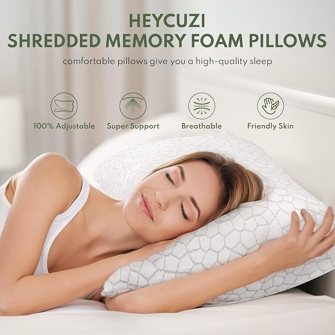 Pillows King Size Set of 2 - Cooling Shredded Memory Foam Pillow for Sleeping 2 Pack, Adjustable Cool Bed Pillows for Side, Back, and Stomach Sleepers, Gel Pillow Washable Removable Cover