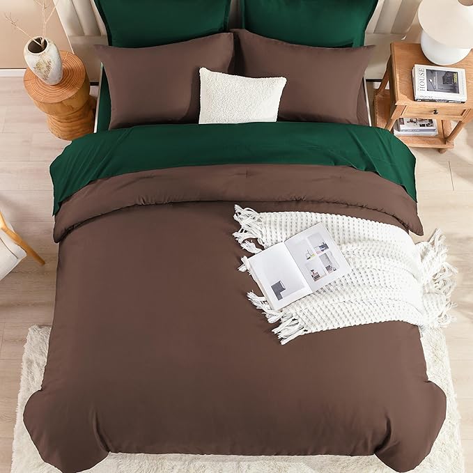 Litanika California King Comforter Sets Brown Emerald Green- 7 Pieces Bed in a Bag Beddding Sets, Solid Lightweight Bed Set with Comforter, Sheets, Pillowcases & Shams