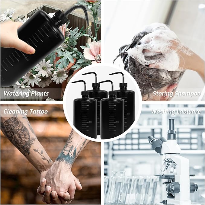 4 Packs Tattoo Wash Bottle Water Squirt Squeeze Diffuser Bottles (Black, 1000ml)