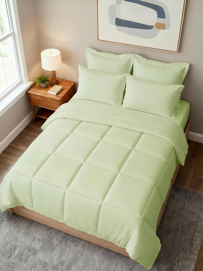 Queen Comforter Set - 7 Piece Bed in a Bag Queen Size Bed Set - Down Alternative Comforter, Flat Sheet, Fitted Sheet, Pillowcase & Shams for All Seasons - Soft, Comfy & Breathable - Light Sage Green