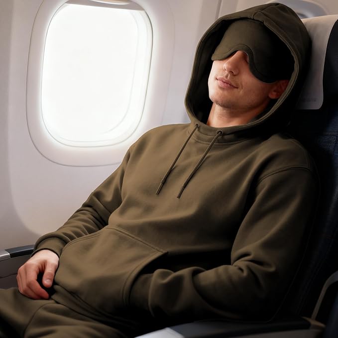 Ainangua Mens Oversized Pullover Essentials Hoodie with Eye Mask Built In Comfor Airplane Mode Travel Sleep Wearable Blanket