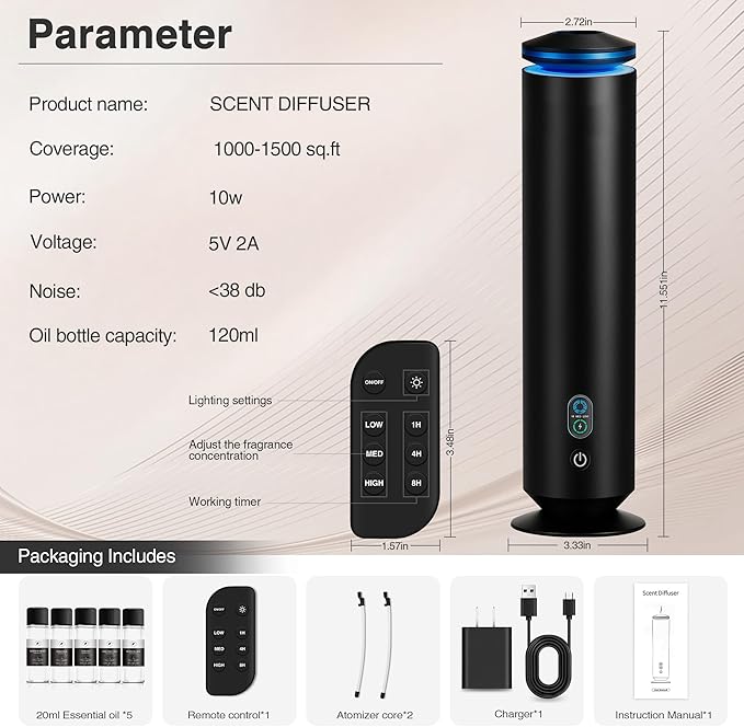 Upgraded Waterless Scent Diffuser Starter Kit - 1500 Sq Ft Coverage, Scent Diffuser for Home, Hotel, Studio, Essential Oil Diffuser Large Room, 7 Mood Lights Setting, 5 Essential Oils Included