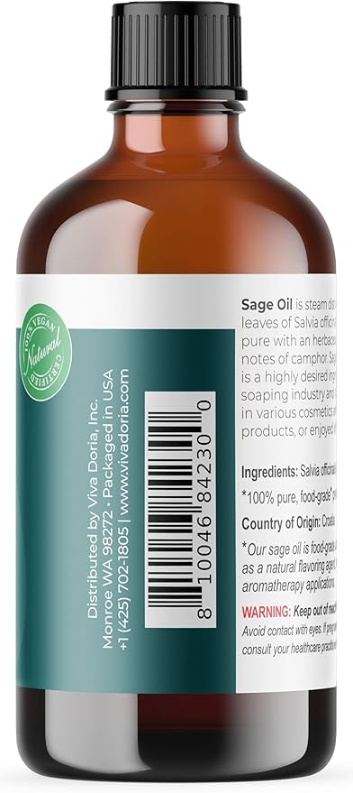 Viva Doria Sage Essential Oil, 100% Pure, Natural, Dalmatian Sage Essential Oil, Undiluted, for Aromatherapy | Food Grade, 118 mL (4 Fluid Ounce)