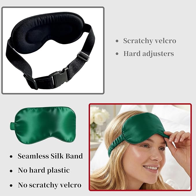 ZLYC 100% Mulberry Silk Sleep Mask Pressure-Free Eye Cover Soft Light Blocking Blindfold for Travel & Nap, Solid Dark Green
