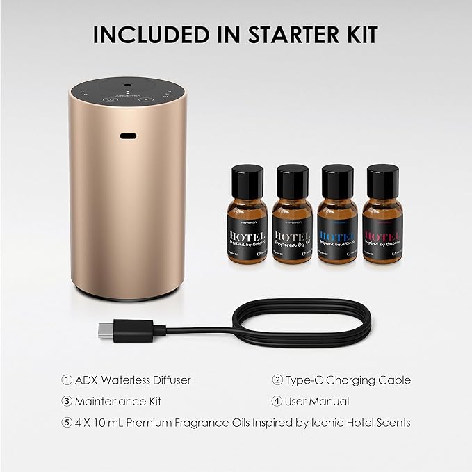 Airversa Waterless Essential Oil Diffusers Starter Kit with 4 x 10mL Hotel Scent Fragrance Oil, Aluminum Housing, Battery Operated Mini Scent Air Portable Diffuser for Home Car Office Titanium