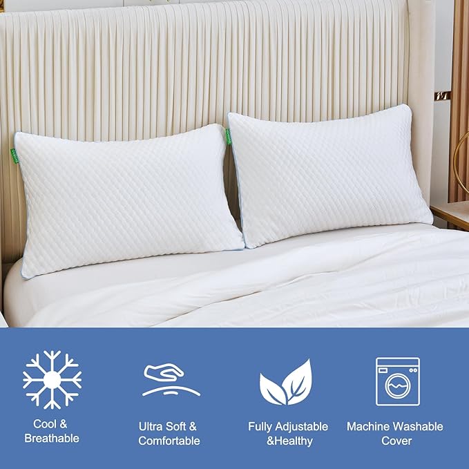 Shredded Memory Foam Pillows for Sleeping 2 Pack - Cooling Bed Pillows King Size Set of 2 - Firm Pillow for Side and Back Sleepers Adjustable Gel Pillow with Removable Cover