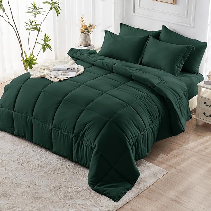JOLLYVOGUE California King Comforter Set, Ultra-Soft Bed in a Bag Cal King Size 7 Pieces, Oeko-TEX Certified Bedding Set with Down Alternative Comforter, Sheets, Pillowcases & Shams, Emerald Green