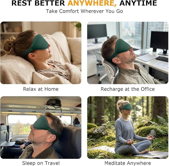 Sleep Mask for Side Sleepers, 3D Contoured Eye Mask with Thickened Padded Nose Bridge for Total Light Blockout, Relaxing Sleeping Mask with Adjustable Strap for Nap, Travel, Hotel, Yoga,Green