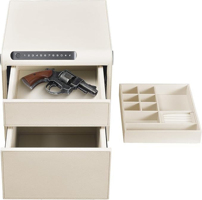 Jewelry Safe with Drawers,Biometric Fingerprint safe, Slide-Away Handgun Safe for Pistols, Leather Wrapped Jewelry Storage Safe, Digital Keypad & Quick-Access Drawer(White- 2 Drawer)