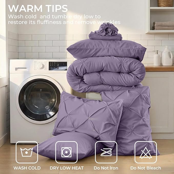 Sasttie California King Comforter Set, 7-Piece Bed in a Bag, Pintuck Bedding Sets for All Season, Includes Comforter, Flat Sheet, Fitted Sheet, Pillowcases and Pillowshams, New Purple