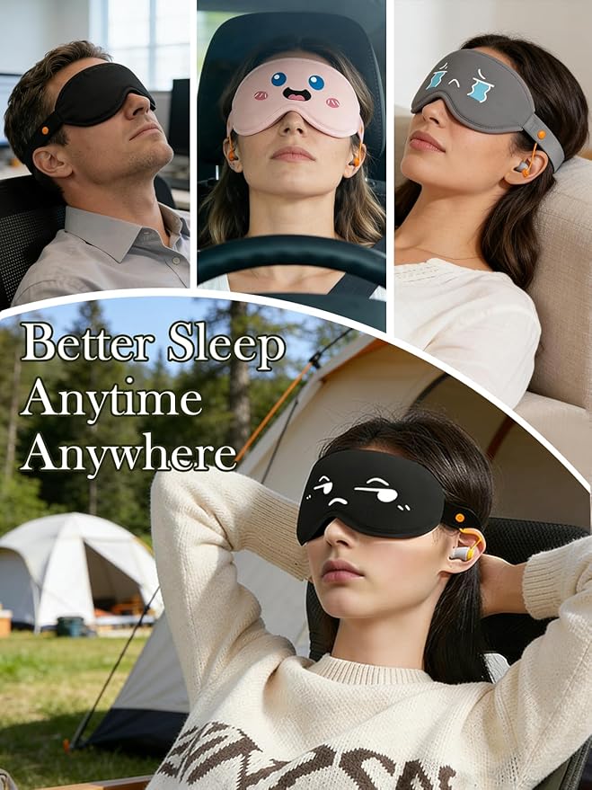 3D Blackout Sleep Mask with Ear Plugs Adjustable Soft Travel Eye Mask for Airplane & Night Sleeping Grey