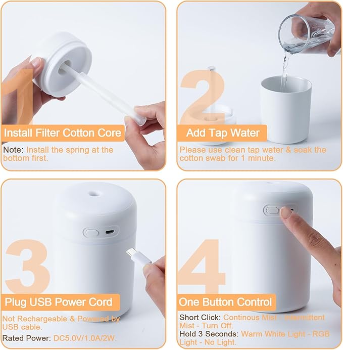 Portable Small Humidifier, 300ml Mini Cool Mist Humidifier, USB Personal Desktop Humidifiers for Baby Bedroom Travel Office Home, Auto Shut-Off, 2 Mist Modes, White