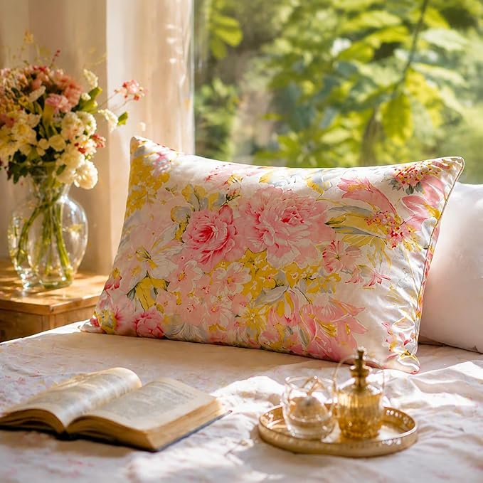 100% Mulberry Silk Pillowcase for Hair and Skin Care, Envelope Closure, Natural &Vintage Floral Printed Cooling & Slip Silk Pillow Case, Both Sides Soft Breathable, Queen Size, 1 Pack (Blue)