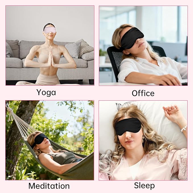 Jeffdad Sleep Mask, 2 Pack Silk Cover Eye Contour Zero Pressure Blindfold with Adjustable Eye Sleep Shade Covers, for Night Sleeping, Travel, Nap(Black, Pink)
