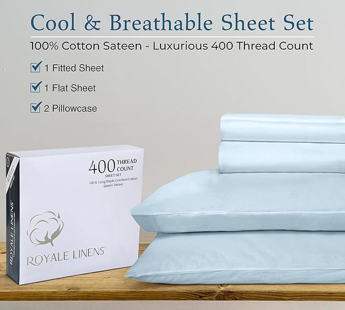 ROYALE LINENS 400 Thread Count 100% American Grown Cotton 4 Piece Sateen King Sheet Set - 1 Fitted Sheet, 1 Flat Sheet, 2 Pillow case - Green King Bedsheet - Cotton Sheets - (King, Florentine Sage)