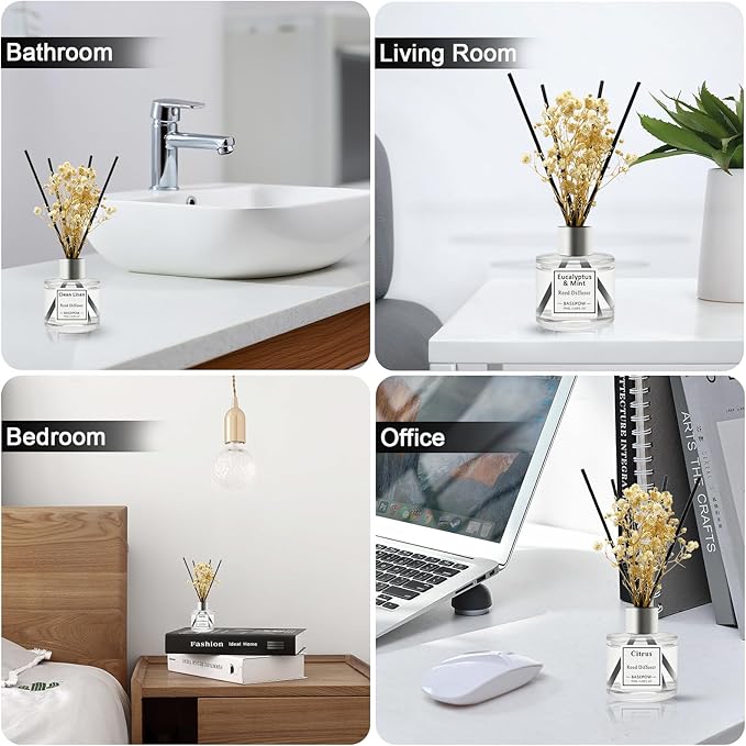 Reed Diffuser Set of 3 Pack,Lavender,White Jasmine,Lemongrass Scented Oil Diffuser with 12 Sticks,Reed Diffuser for Home Living Room Office Bathroom Air Freshener,50ml x 3