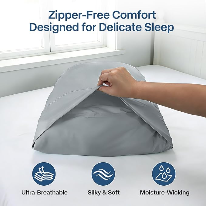 Luxury Cooling Pillowcases Queen Size 2 Pack, Q-Max>0.4 Cool Touch for Hot Sleepers&Night Sweats Beauty Sleep Anti-Frizz, Softer Than Silk Pillowcover Oeko-TEX Certified Elegant Gray