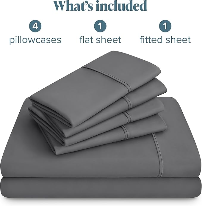 Bare Home Hotel Luxury Short Queen Sheet Set, Extra Soft - 6 Piece Set - Deep Pockets - Easy Fit - Cooling & Breathable - Wrinkle, Fade, Stain Resistant - Includes 4 Pillowcases (Short Queen, Grey)