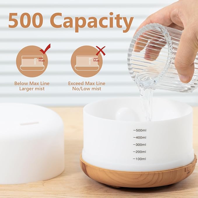 Oil Diffuser, 500ml Essential Oil Diffusers, Aromatherapy Diffuser with 2 Mist Mode 4 Timers&7 Ambient Light Waterless Auto Off, Diffusers Large Room Home Office