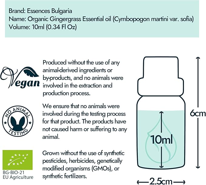 Essences Bulgaria Gingergrass Essential Oil 10ml (0.34 Fl Oz) | Cymbopogon Martini | 100% Pure and Natural | Undiluted | Aromatherapy | Cosmetics | Non-GMO | Cruelty-Free