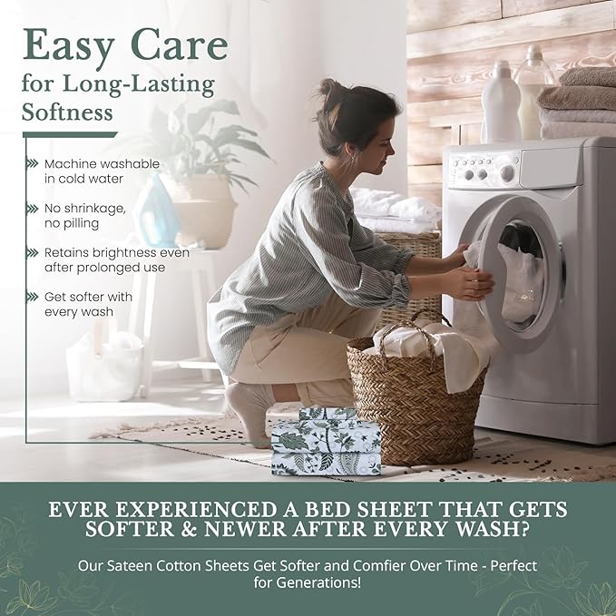 Feather & Stitch Softest 100% Cotton Sheets, 300 Thread Count Percale Weave Bedding, 16" Deep Pocket, Cooling Sheets, Breathable Bed Set, Hotel Premium Quality (Full, Green Floral Paisley)