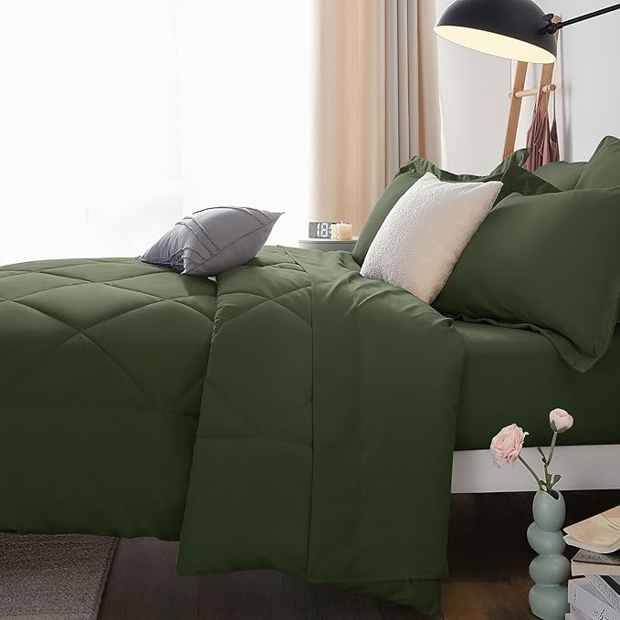 CozyLux Oversized King Comforter Set Olive Green - 7 Pieces Bed in a Bag Comforter Set with Sheets, Luxury Soft Bed Set, Bedding Set with Down Alternative Comforter, Sheets, Pillowcases & Shams