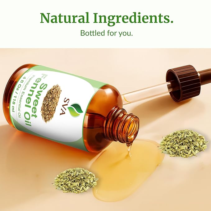 SVA Sweet Fennel Essential Oil – 4 Fl Oz – 100% Natural Fennel Oil - for Diffuser, Hair Care, Face, Skin Care, Aromatherapy, Scalp and Body Massage, Soap and Candle Making – with Dropper