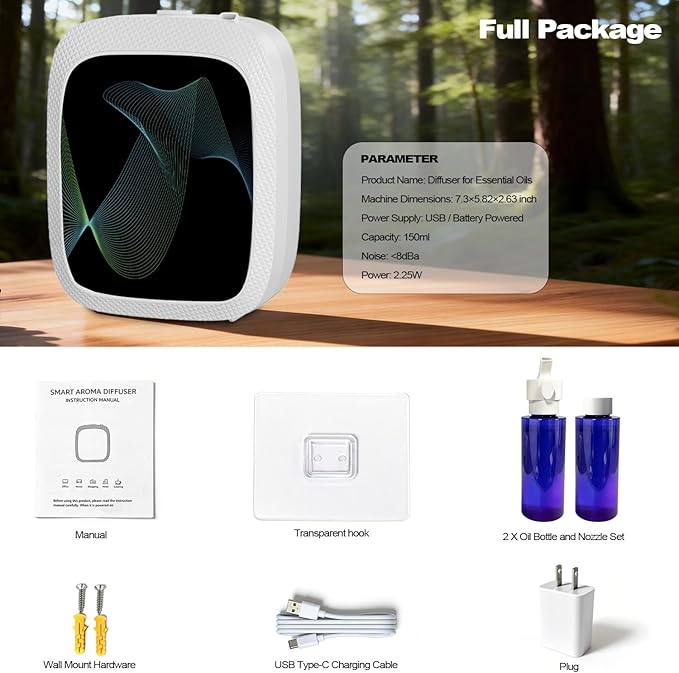 Waterless Essential Oil Diffuser Scent Air Machine for Home Large Room and Commercial Use, Up to 2000 sq ft, App & Panel Control, Dual Power Type-C/D Batteries (White)