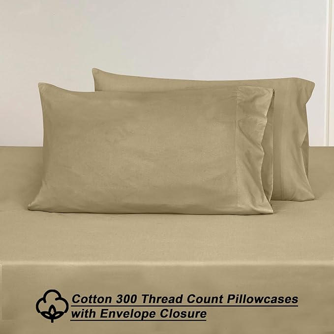 ROYALE LINENS 300 Thread Count 100% Long Staple Combed Cotton Sheet Set - 4 Piece King Bed Sheets - 1 Fitted, 1 Flat & 2 Pillow Cases - Soft Cool & Crisp Sheet Set (King, Beige)