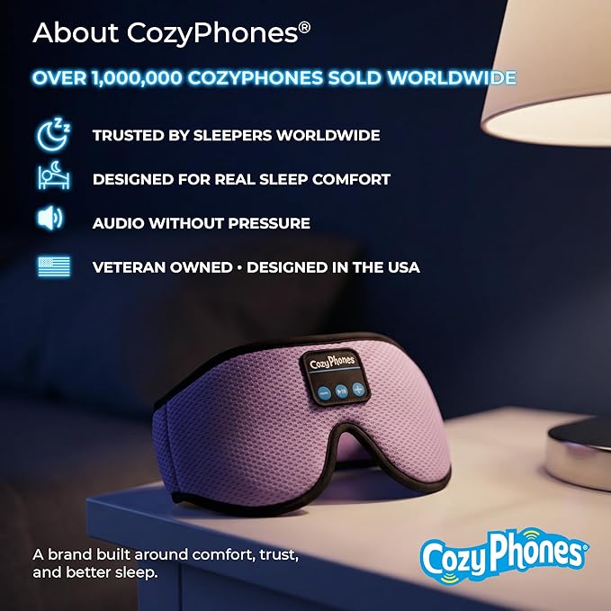 CozyPhones Bluetooth Sleep Mask Headphones for Adults – Wireless Sleep Headphones for Side Sleepers, Breathable Eye Mask for Travel, Meditation & Tinnitus Support - Grey