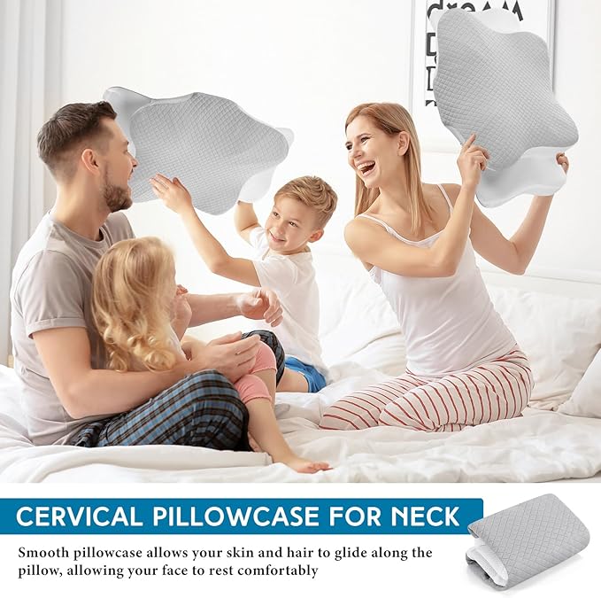HunnmingRe Cervical Pillow Case Cover Comfortable and Breathable Memory Foam Cervical Neck Pillow Case Cover with Zipper(White, Light Gray,Queen Size)