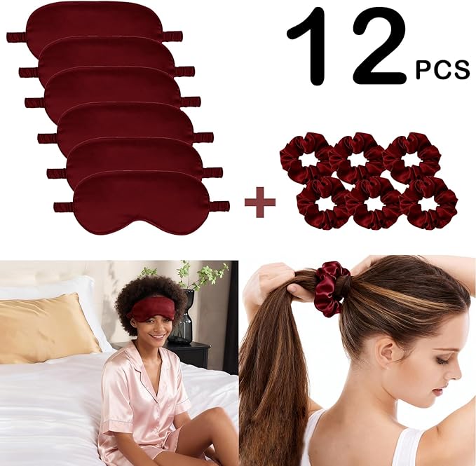 12Pcs Silk Sleep Masks Satin Eye Mask Silky Eyes Cover Blindfold Eyeshade Hair Ties Scrunchy Travel Bridesmaids Gifts