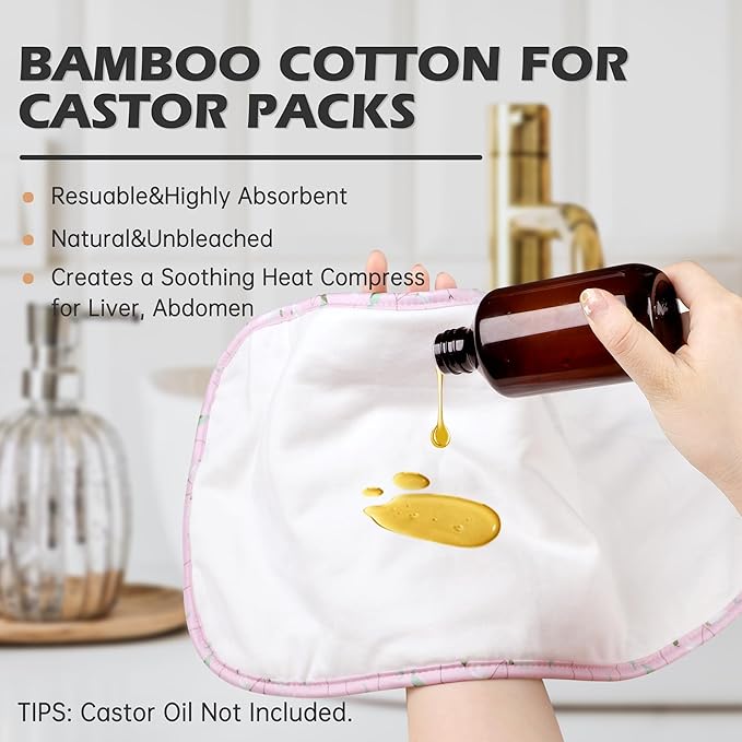 2 Pack Castor Oil Pack Wrap Organic Cotton for Liver Detox, Reusable Castor Oil Compress Highly Absorbent Anti Oil Leak(Oil are Not Include)