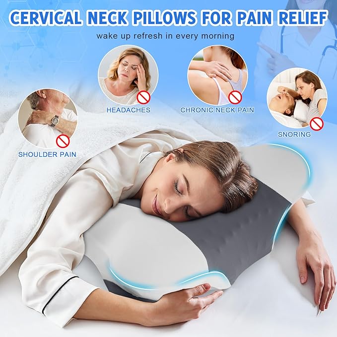 Cervical Neck Pillows with Memory Foam - Ergonomic Neck Support Pillows for Pain Relief Contour Memory Foam - Adjustable Orthopedic Bed Pillows with Cooling Pillowcase for Sleeping - Dark
