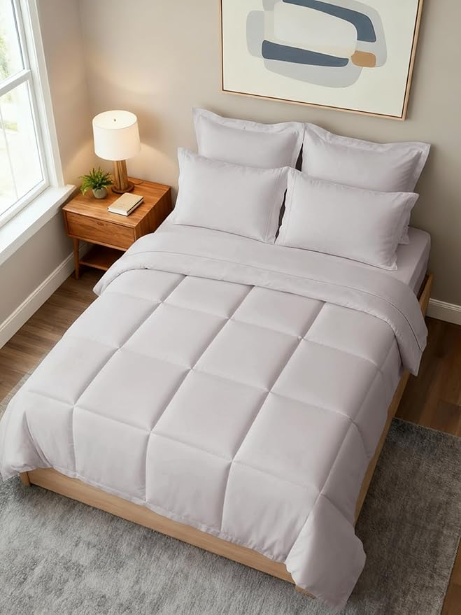 Queen Comforter Set - 7 Piece Bed in a Bag Queen Size Bed Set - Down Alternative Comforter, Flat Sheet, Fitted Sheet, Pillowcase & Shams for All Seasons - Ultra Soft, Comfy & Breathable - Light Grey