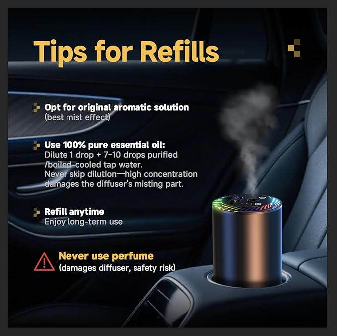 Smart Car Air Freshener with Star Light & 100ml Diffusers Oil Refills, Auto On/Off Aroma Diffuser, 3 Adjustable Mist Modes Rechargeable Aromatizante para Carro - Car Diffuser(Cologne+Ocean)
